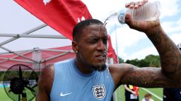 Ezri Konsa of England pours water over his head to cool down during a training session on June 05, 2026 in West Palm Beach, Florida.