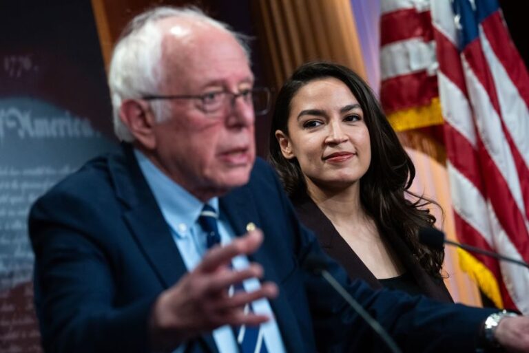 US Sen. Bernie Sanders of Vermont and US Rep. Alexandria Ocasio-Cortez of New York conduct a news conference to announce the Artificial Intelligence Data Center Moratorium Act in the US Capitol on Wednesday, March 25.