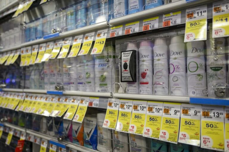 Deodorant products are seen at a Duane Reade drugstore and pharmacy on August 24, 2023 in New York City.