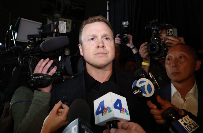 Los Angeles mayoral candidate Spencer Pratt is seen speaking with the media outside Don Antonio's restaurant on June 2, in Los Angeles, California.