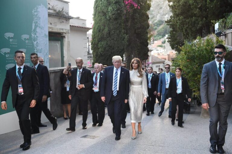 President Donald Trump and first lady Melania Trump arrive at the G7 summit in Sicily, Italy, on May 26, 2017.