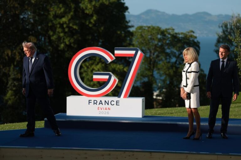 French President Emmanuel Macron and his wife, first lady of France Brigitte Macron, welcome US President Donald Trump (L) during the G7 summit at Hotel Royal Evian on Monday in Évian-les-Bains, France.