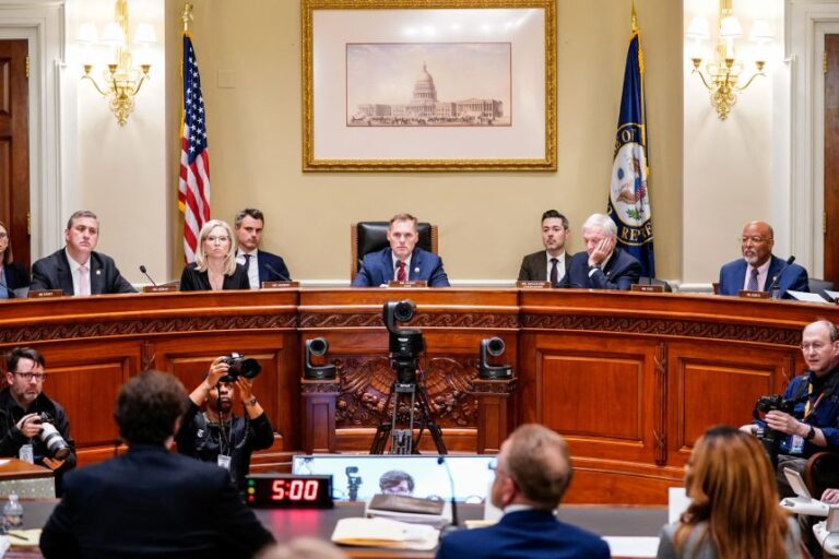 Reps. Nathaniel Moran (R-TX), Ashley Hinson (R-IA), Michael Guest (R-MS), Mark DeSaulnier (D-CA) and Glenn Ivey (D-MD) attend a House Ethics Committee hearing, March 26, 2026.
