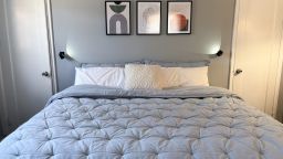 blue-gray tufted coverless duvet on bed