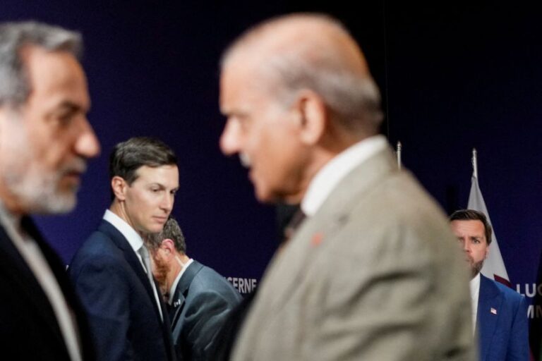 Vice President JD Vance looks on next to President Donald Trump's son-in-law Jared Kushner, as Iranian Foreign Minister Abbas Araqchi shakes hands with Pakistani Prime Minister Shehbaz Sharif, before the start of US-Iran negotiations in Switzerland on June 21, 2026.
