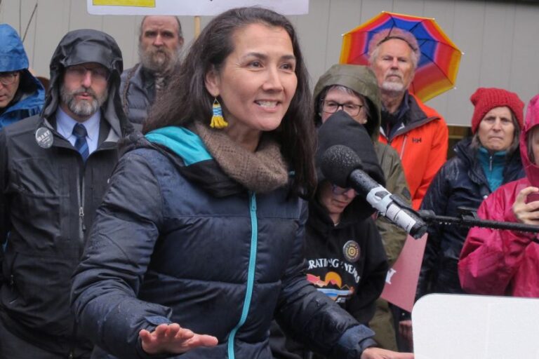 Alaska U.S. Senate candidate Mary Peltola, a Democrat, speaks during a campaign rally on May 14, 2026, in Juneau, Alaska.