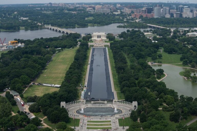 In an aerial view, people walk past the Reflecting Pool on the National Mall on June 6, 2026.