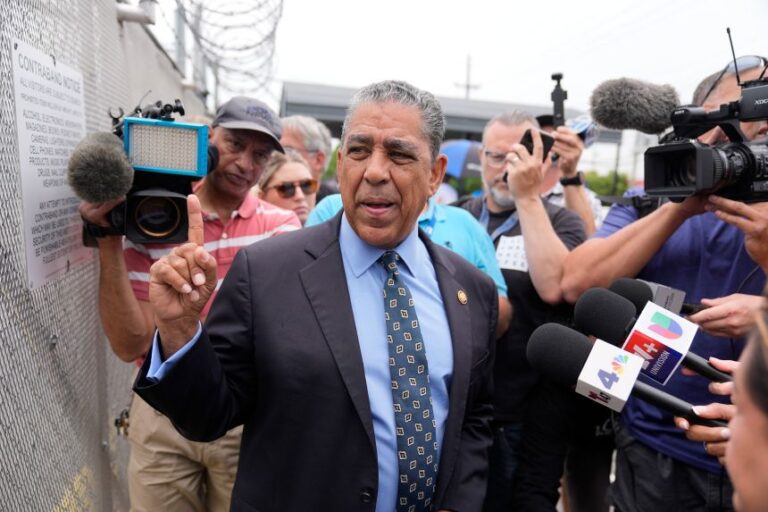 Rep. Adriano Espaillat, D-N.Y., speaks to reporters outside the Delaney Hall detention center, Wednesday, May 27, 2026, in Newark, New Jersey.