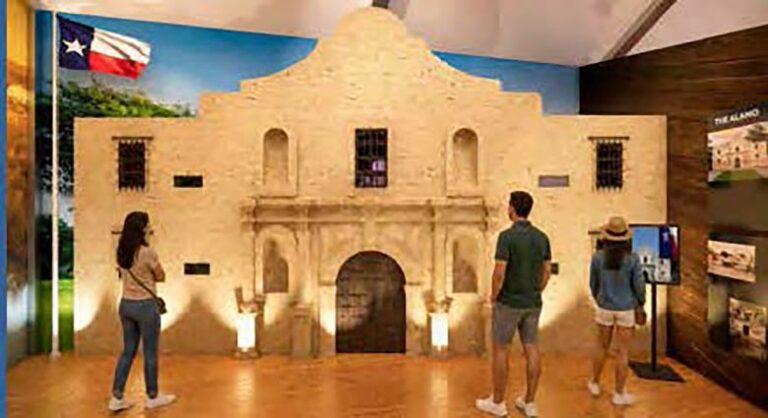 A rendering shows the proposed display for Texas, featuring a replica of the Alamo.