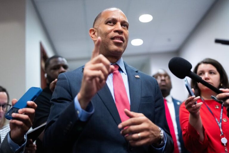 House Minority Leader Hakeem Jeffries talks with reporters in the Capitol Visitor Center on Wednesday.