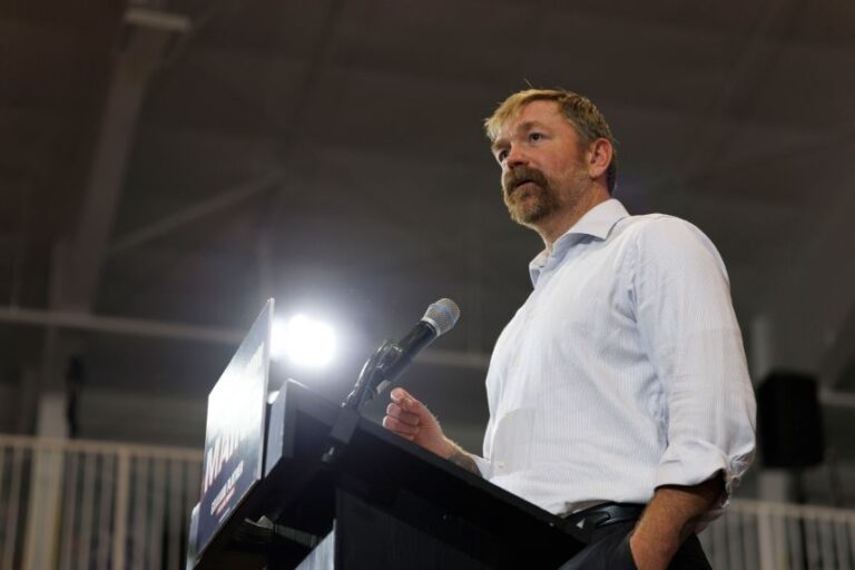 Democratic US Senate candidate Graham Platner speaks at his Primary Election event on Tuesday in Blue Hill, Maine.