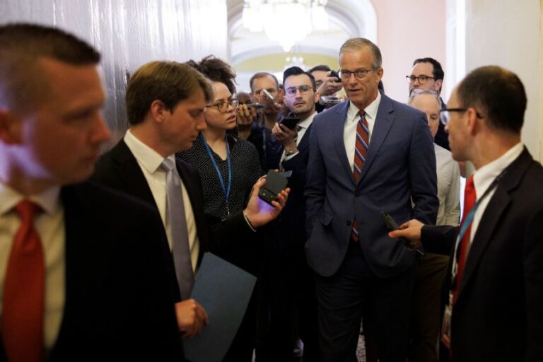 Senate Majority Leader John Thune speaks to reporters on Capitol Hill on June 3, in Washington, DC.