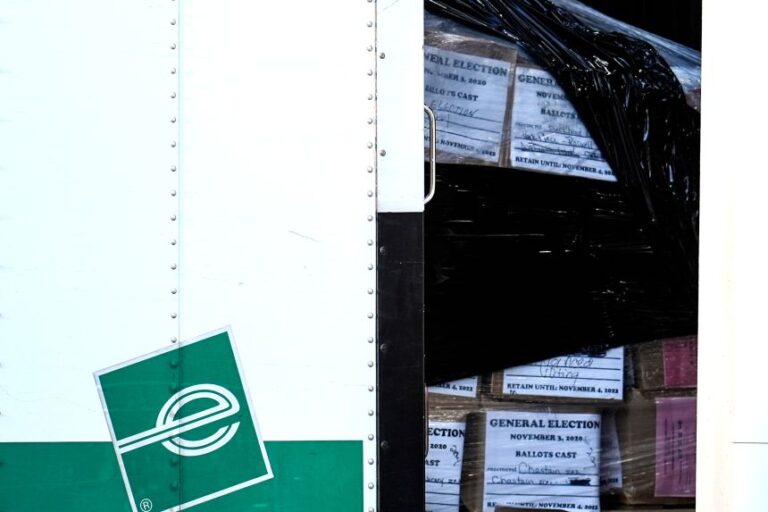Georgia general election 2020 ballots are loaded by the FBI onto trucks at the Fulton County Election Hub on January 28 in Union City, Georgia.