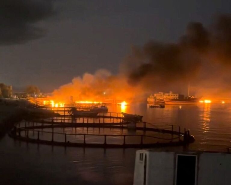 Smoke rises from a port near the Strait of Hormuz, following a US strike in Kuhestak, Hormozgan Province, Iran, on Wednesday in this screengrab obtained from a social media video.