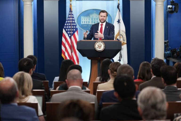 US Vice President JD Vance speaks during a press briefing in the Brady Briefing Room of the White House in Washington, DC, on June 18, 2026.