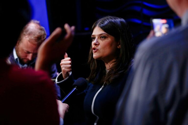 Rep. Haley Stevens, US Senate candidate from Michigan, speaks with media after a debate at WoodTV studios in Grand Rapids, Michigan, on July 7.