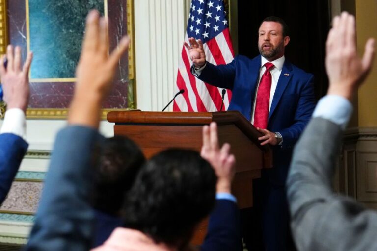 Homeland Security Secretary Markwayne Mullin speaks to reporters in the Indian Treaty Room at the Eisenhower Executive Office Building on the White House campus, Friday, July 17, 2026, in Washington, DC.