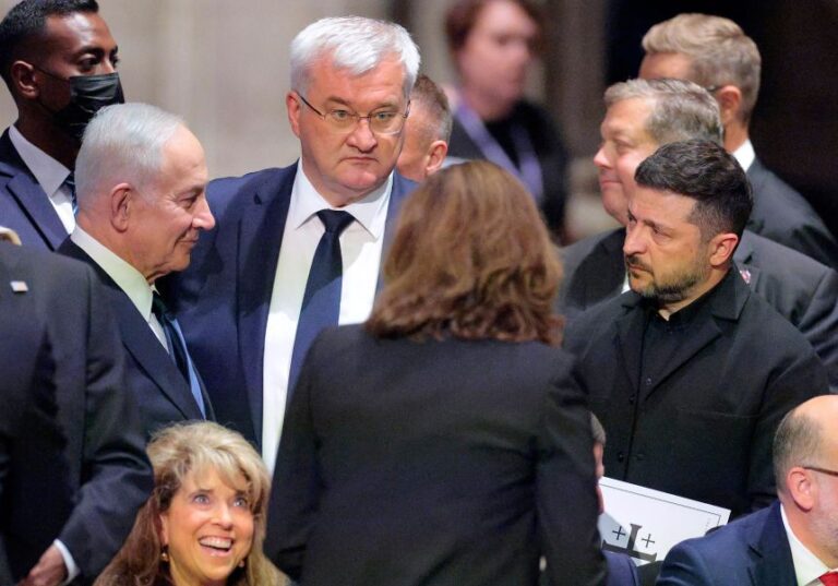 Israeli Prime Minister Benjamin Netanyahu, Ukrainian Foreign Minister Andrii Sybiha and Ukrainian President Volodymyr Zelensky attend the funeral service for the late Sen. Lindsey Graham at the Washington National Cathedral on July 28.