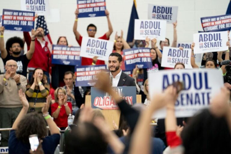 Abdul El-Sayed speaks before Sen. Bernie Sanders takes the stage at Mumford High School in Detroit, on May 3.