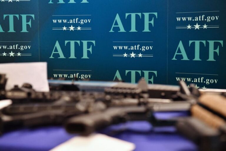 Bureau of Alcohol, Tobacco, Firearms, and Explosives signage is visible at an event in Glendale, California on April 18, 2022.