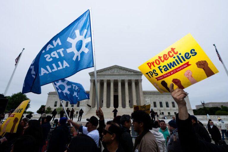Temporary Protected Status holders along with union leaders and advocates rally as the Supreme Court prepares to hear oral arguments in Mullin v. Doe on Wednesday, April 29.