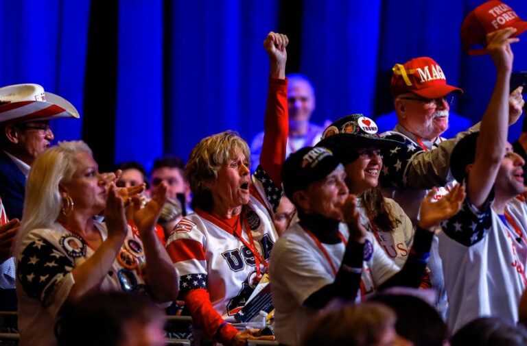 Supporters react as Donald Trump speaks during the Conservative Political Action Conference in National Harbor, Maryland, in March 2023.