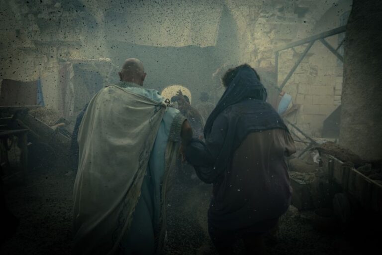 Actors portray civilians trying to escape thick volcanic ash raining down in the the new National Geographic docuseries “Pompeii: Out of Time.”