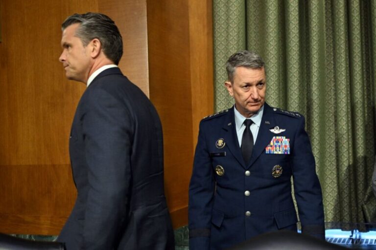 US Defense Secretary Pete Hegseth, left, and the Chairman of the Joint Chiefs of Staff Gen. Dan Caine depart after testifying during a Senate Committee on Appropriations hearing on Capitol Hill in Washington, DC on Tuesday, July 21.