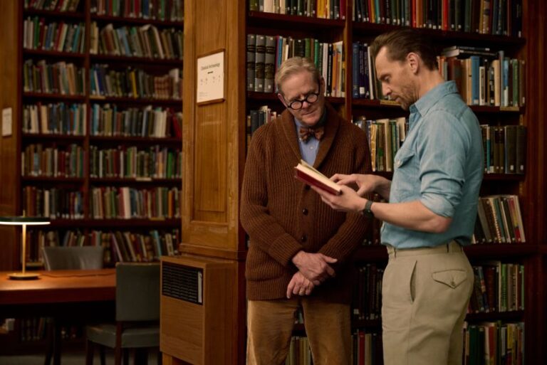 Dr. Steven Tuck (left), professor and head of classics of Miami University in Ohio, and actor Tom Hiddleston explore the stories of survivors.