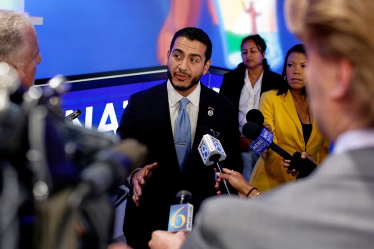El-Sayed speaks with media after a debate at WoodTV studios on Tuesday, July 7, 2026, in Grand Rapids, Michigan.