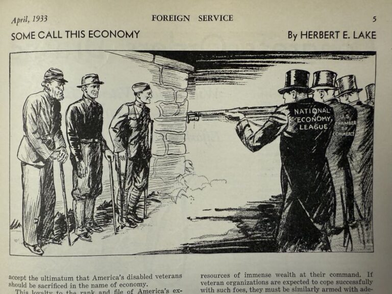 A photo of a Veterans of Foreign Wars political cartoon from 1933, protesting the Economy Act, which sought to cut some veterans’ benefits.