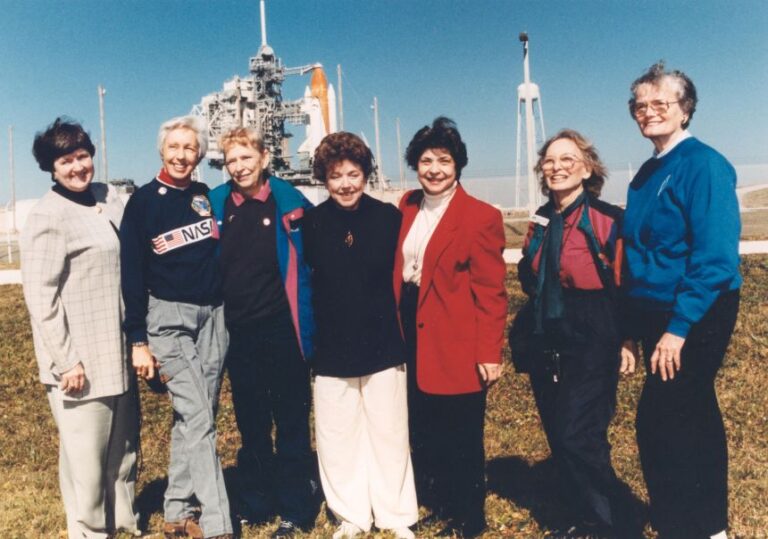 The Mercury 13 stand near the Space Shuttle Discovery at Cape Canaveral in 1995, including (from left) Gene Nora Jessen, Wally Funk, Jerrie Cobb, Jerri Truhill, Sarah Rutley, Myrtle Cagle and Bernice Steadman.