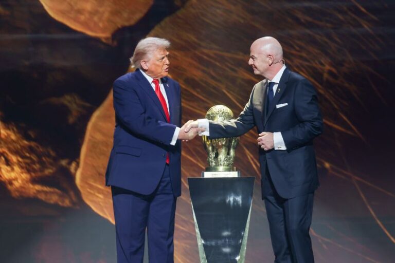 FIFA President Gianni Infantino and US President Donald Trump during the FIFA World Cup 2026 official draw at the John F. Kennedy Center for the Performing Arts on December 5, 2025, in Washington, DC.
