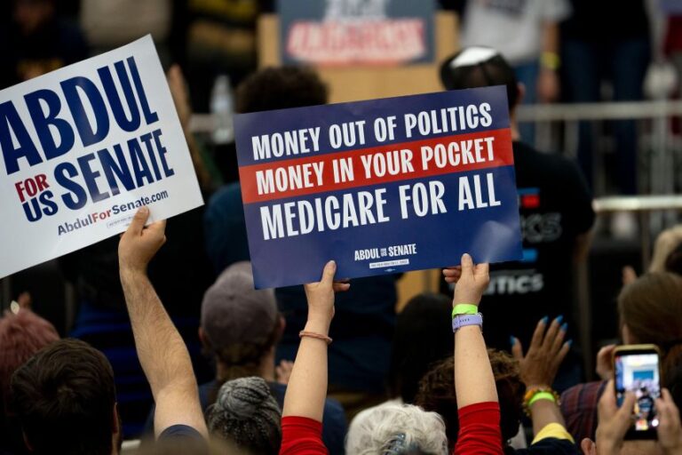 The audience cheers for a speaker before Sen. Bernie Sanders takes the stage at an event with Senate canddiate Abdul El-Sayed, at Mumford High School in Detroit, on May 3.
