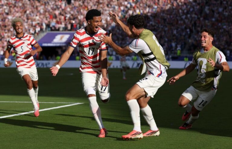 Malik Tillman #17 of the United States celebrates scoring his team's second goal during the FIFA World Cup Round of 32 match against Bosnia and Herzegovina at San Francisco Bay Area Stadium on July 1, in Santa Clara, California.