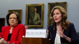 US Supreme Court justices Amy Coney Barrett and Elena Kagan testify before a House Appropriations Financial Services and General Government Subcommittee hearing on the Supreme Court's annual budget request to Congress on Capitol Hill in Washington, DC, on July 14.