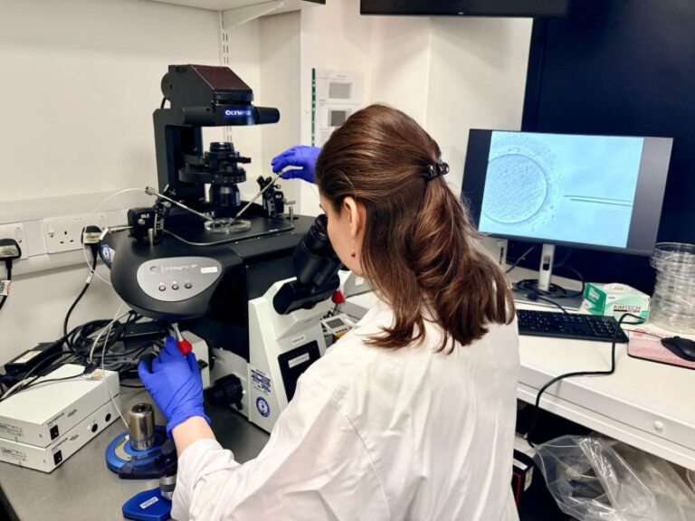 Katarina Harasimov performing base editing in the Niakan laboratory at the Loke Centre for Trophoblast Research at the University of Cambridge.