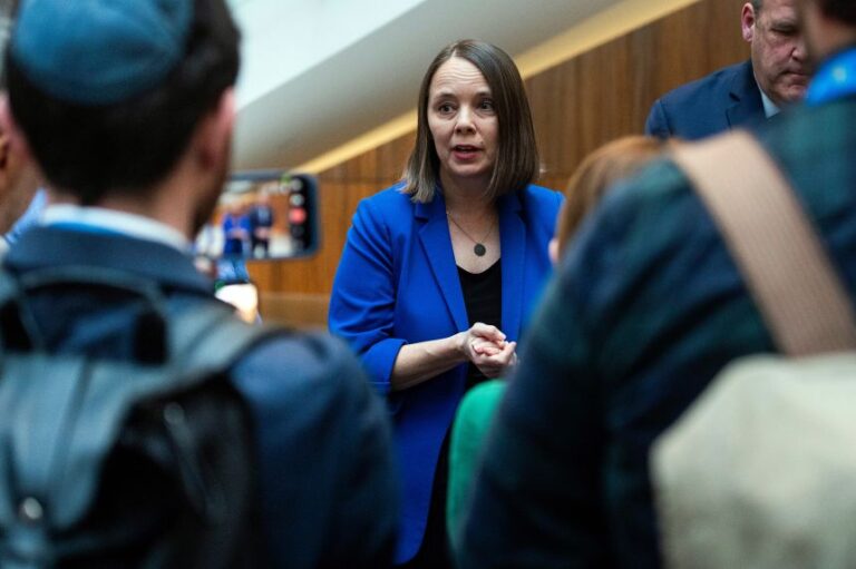 Maine Secretary of State Shenna Bellows speaks with reporters during the National Associate of Secretaries of State Conference in Washington, DC, on January 30.