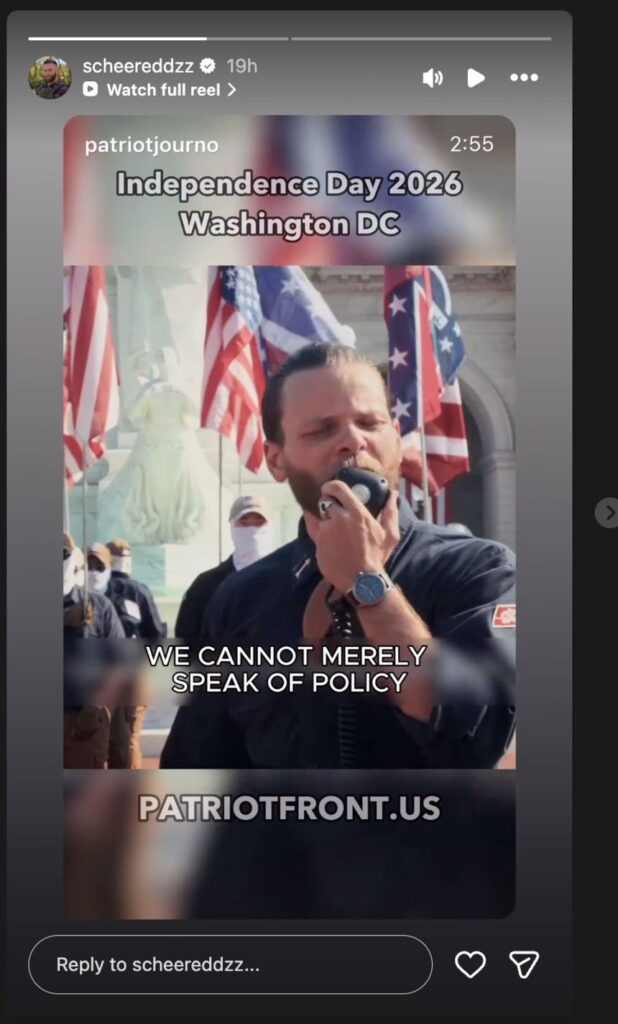 David Alan Scheer II shared this post promoting Patriot Front, a White supremacist group that marched through Washington, DC, on July 4.
