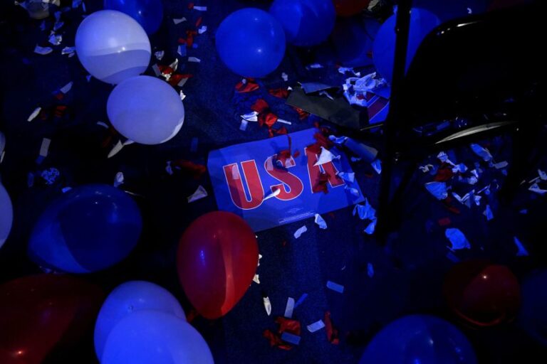 Balloons and signs lie on the floor at the end of the 2024 Democratic National Convention at the United Center in Chicago on Thursday, August 22, 2024.