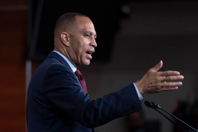 House Minority Leader Hakeem Jeffries speaks to reporters after the House narrowly passed a resolution to halt US military action in Iran, at the US Capitol on July 23.