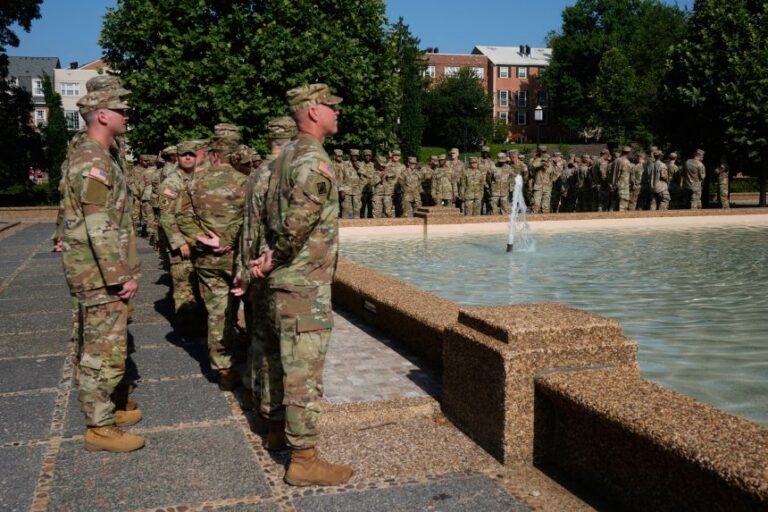 National Guard soldiers wait for the arrival of Defense Secretary Pete Hegseth for a DC Safe and Beautiful Task Force ceremony at Meridian Hill Park in Washington, on Thursday, July 2.