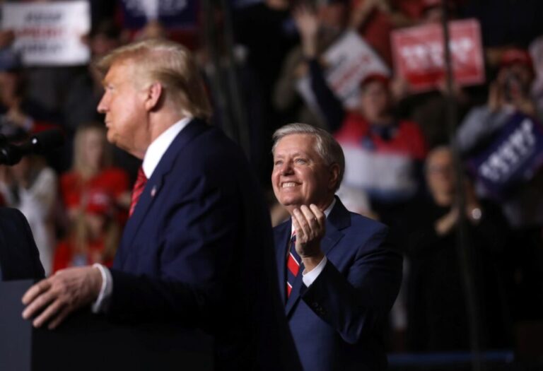 Republican Sen. Lindsey Graham applauds as President Donald Trump holds a campaign rally in North Charleston, South Carolina, on February 28, 2020.