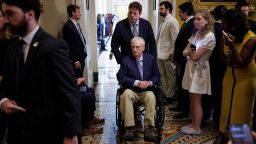Sen. Mitch McConnell leaves a weekly policy lunch on Capitol Hill on May 19.
