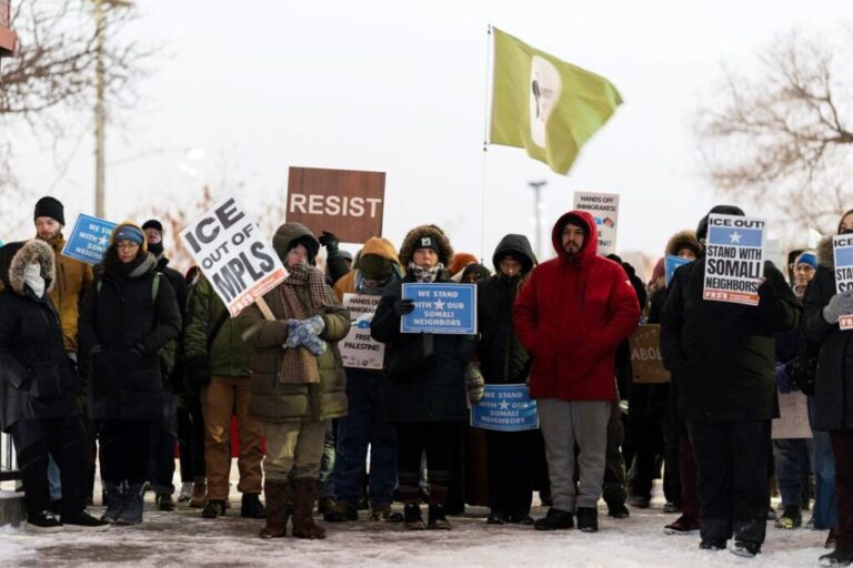 Demonstrators rally in protest against Immigration and Customs Enforcement, amid a federal immigration operation targeting the Somali community in Minneapolis, on December 8, 2025.