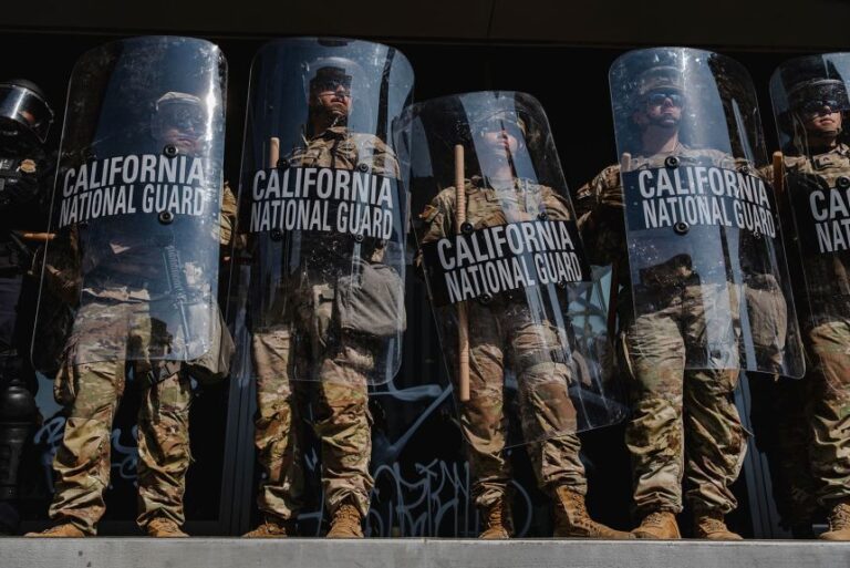 National Guard troops stand outside the Edward Roybal Federal Building in downtown Los Angeles, California on June 9, 2025.