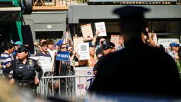 Protesters gather during an