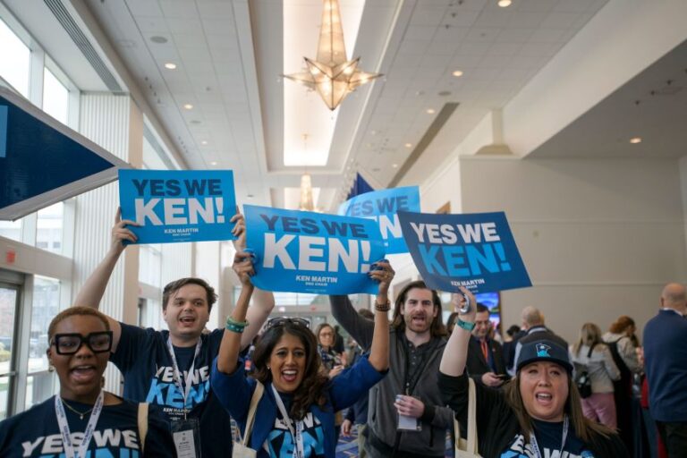 Supporters and volunteers of DNC chair candidate Ken Martin cheer outside of the ballroom in the hours prior to the votes for positions at the Democratic National Committee Winter Meeting at the Gaylord National Resort and Convention Center in National Harbor, Maryland, on February 1, 2025.
