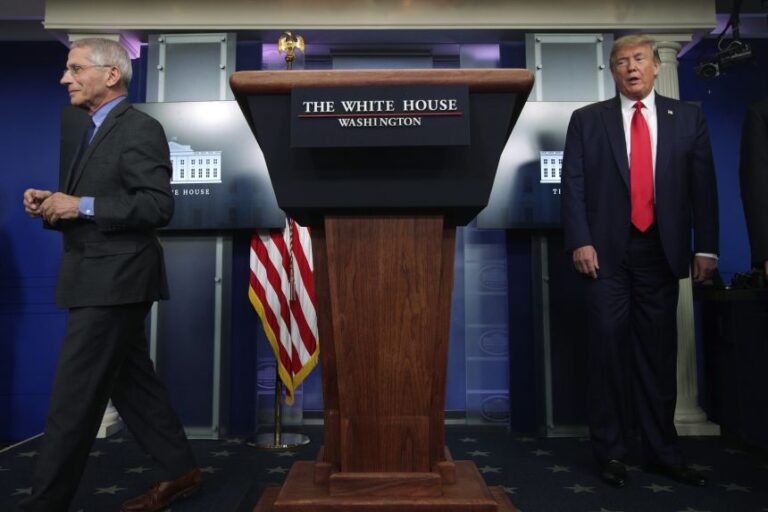 President Donald Trump and National Institute of Allergy and Infectious Diseases Director Anthony Fauci, during the daily briefing of the White House Coronavirus Task Force at the James Brady Press Briefing Room of the White House, on April 13, 2020.