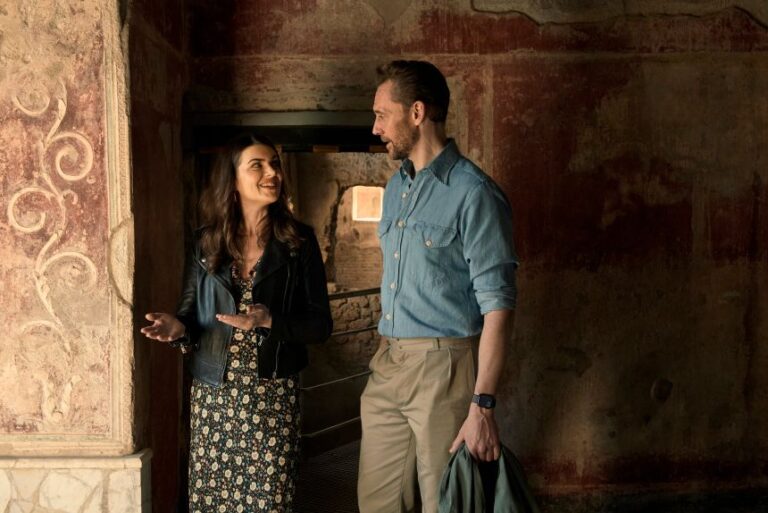 Caitie Barrett (left), professor of classics at Cornell University, and Tom Hiddleston explore the ruins of the house of Julia Felix.